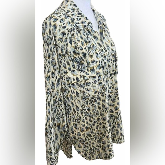 Love Stitch Tops - LOVESTITCH Cheetah Print Silky Rayon Yellow Blue Button Up Long Sleeve Top Small